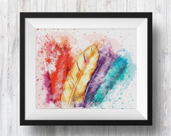 Aquarel veren (kunst aan de muur), geteld kruissteekpatroon, pdf direct download