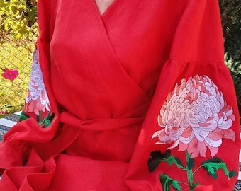 Linen wrap blouse Puff sleeve embroidered top Red ukrainian vyshyvanka shirt with floral ornament