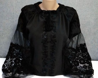 Black embroidered blouse with fatin sleeves Light blouse for summer See more details