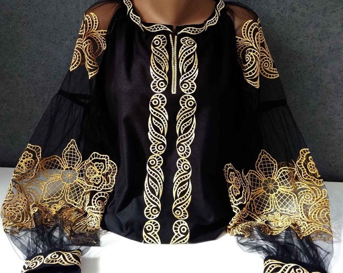 black organic embroidery blouse / cover up dress ,,, L ... main image 1