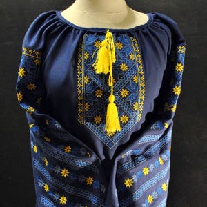 Embroidered dark blue blouse Ornament on embroidery Homespun cloth shirt for women Ukrainian vyshyvanka Ukrainian style Ethnic image 4