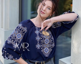 Chiffon Embroidered Shirt for Women, Blue Embroidered Blouse with Sleeves to the Elbow, Lightweight Ukrainian Vyshyvanka with Tassels