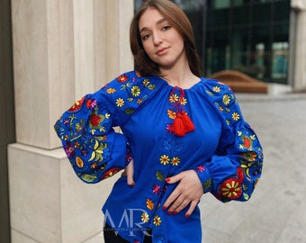 Blue embroidered blouse with floral ornament Ukrainian vyshyvanka shirt for women Ethnic peasant shirt on linen-cotton cloth