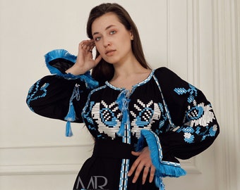 Embroidered ukrainian dress Black linen dress with flowers Vyshyvanka maxi dress Ethnic bohemian dress folk style