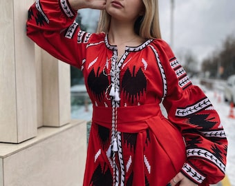 Red boho women dress with black and white embroidery Linen dress with geometric Ukrainian vyshyvanka maxi dress Ukrainian style chic