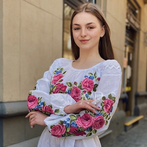 Wondreful white linen embroidered dress Rose embroidery Summer dress Casual Ukrainian vyshyvanka midi dress Ukrainian style ethnic dress