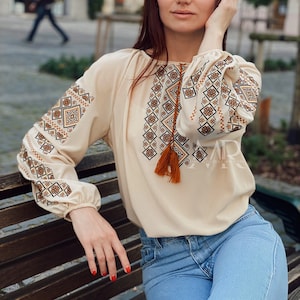 Traditional embroidery blouse with ornament Embroidery chiffon shirt for women Ukrainian ethnic vyshyvanka blouse image 1