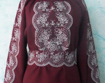 Wine red embroidered dress Lacy embroidered pattern Casual linen dress for work Ukrainian vyshyvanka midi dress Ukrainian style ethnic dress