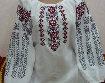 Red embroidery blouse White cotton shirt for women Ukrainian traditional vyshyvanka