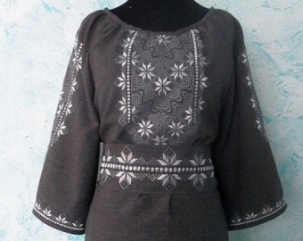 Grey embroidered dress Traditional embroidery  Long sleeves Formal linen dress Ukrainian vyshyvanka Midi dress Ukrainian style etchnic dress