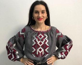 Geometry embroidered blouse Gray boho top Ukrainian linen ethnic shirt