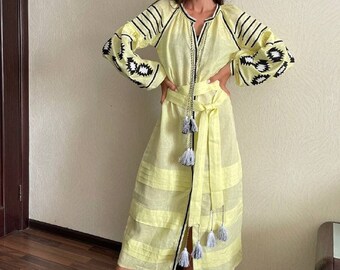 Maxi linen yellow vyshyvanka dress Geometric pattern boho dress Embroidery for women
