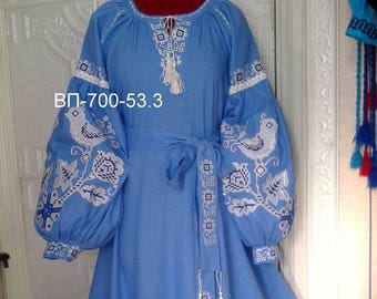 Blue boho embroidered dress Linen dress with geometric ornament Ukrainian vyshyvanka maxi dress