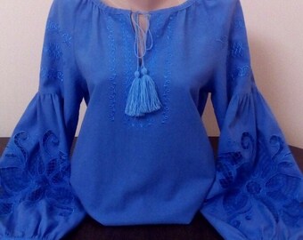 Blue embroidered peasant blouse Linen shirt with richelieu embroidery Ukrainian traditional clothing