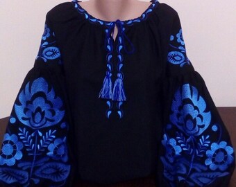Stylish embroidered black blouse with navy blue embroidery for women on homespun cloth