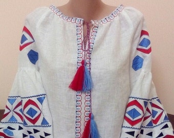 Geometric embroidered women blouse on white linen Linen shirt for women with folk embroidery Ukrainian vyshyvanka with puff sleeves