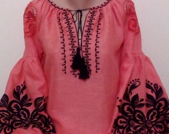 Pink embroidered women shirt Richelieu embroidery Ukrainian blouse Flower Vyshyvanka top