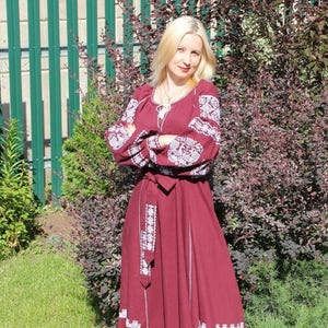 Dark Red Boho Woman Dress Linen Dress With Birds Ukrainian Vyshyvanka ...