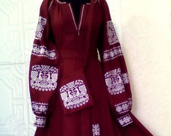 Dark red boho woman dress Linen dress with birds Ukrainian vyshyvanka Maxi dress Ukrainian style Ethnic dress Modern Folk