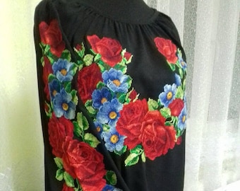 Embroidered black blouse Flower embroidery Flowered blouse Chiffon shirt for women Red roses Ukrainian vyshyvanka Chic Ethnic