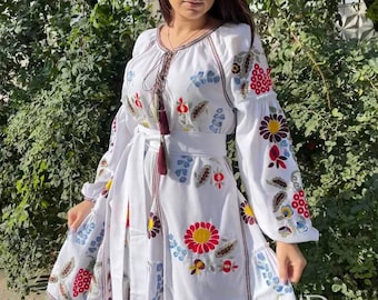 White bohemian dress Ukrainian vyshyvanka dress Linen bright satin stitch boho dress with folk embroidery Traditional puff sleeve dress