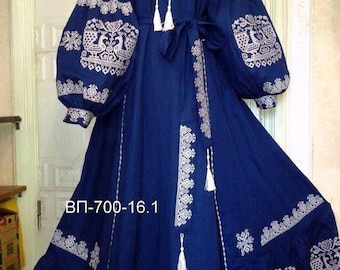 Dark Blue Ethnic Embroidered Dress, Boho Linen Women Dress with Geometric Embroidery, Ukrainian Vyshyvanka Maxi Dress