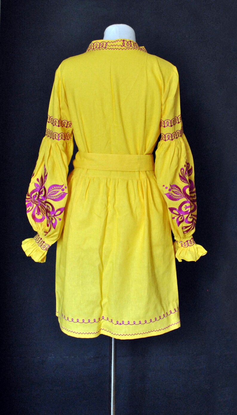 Bright Yellow Boho Women Dress Linen Dress Pink Pattern - Etsy