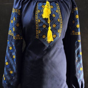 Embroidered dark blue blouse Ornament on embroidery Homespun cloth shirt for women Ukrainian vyshyvanka Ukrainian style Ethnic image 5