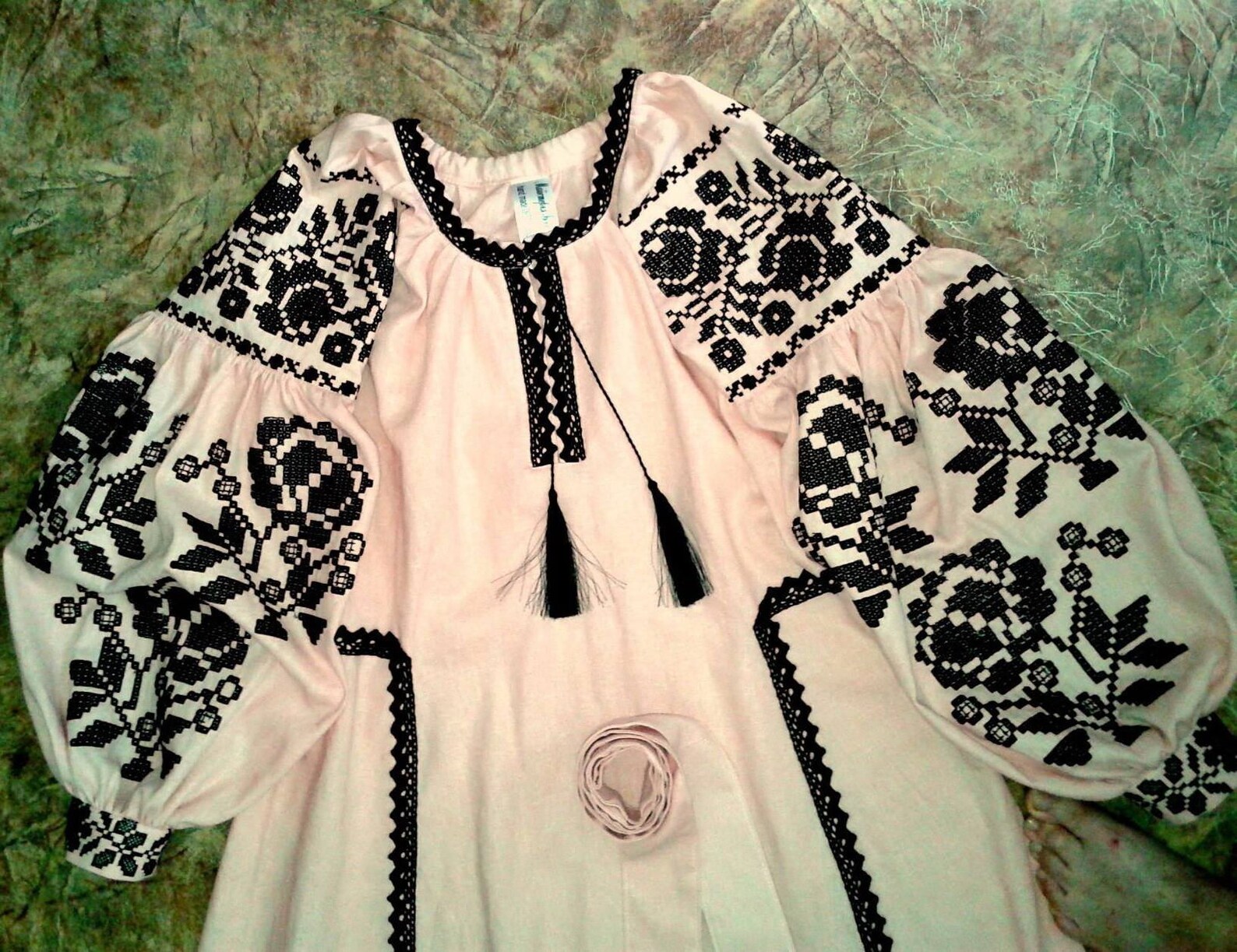 Pink Ukrainian Embroidered Linen Boho Dress for Women