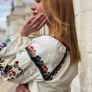 White floral blouse Ukrainian embroidered shirt with flowers Vyshyvanka top with traditional flower embroidery image 8