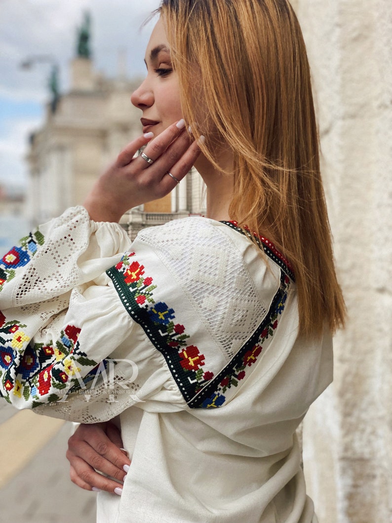 White floral blouse Ukrainian embroidered shirt with flowers Vyshyvanka top with traditional flower embroidery image 8