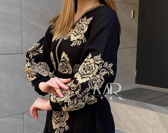 Black Dress Embroidered with Roses, Homespun Dress with French Embroidery, Ukrainian Vyshyvanka Dress, Ethnic Dress with Puffed Sleeves