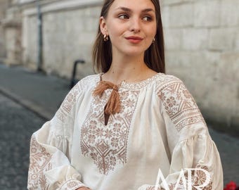 Linen Embroidered Blouse, Ukrainian Beige Vyshyvanka, Cross-stitch Embroidered Traditional Shirt, Romantic Embroidered Boho Blouse