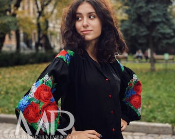 Black Linen Blouse with Floral Ukrainian Embroidery – Boho Vyshyvanka Top