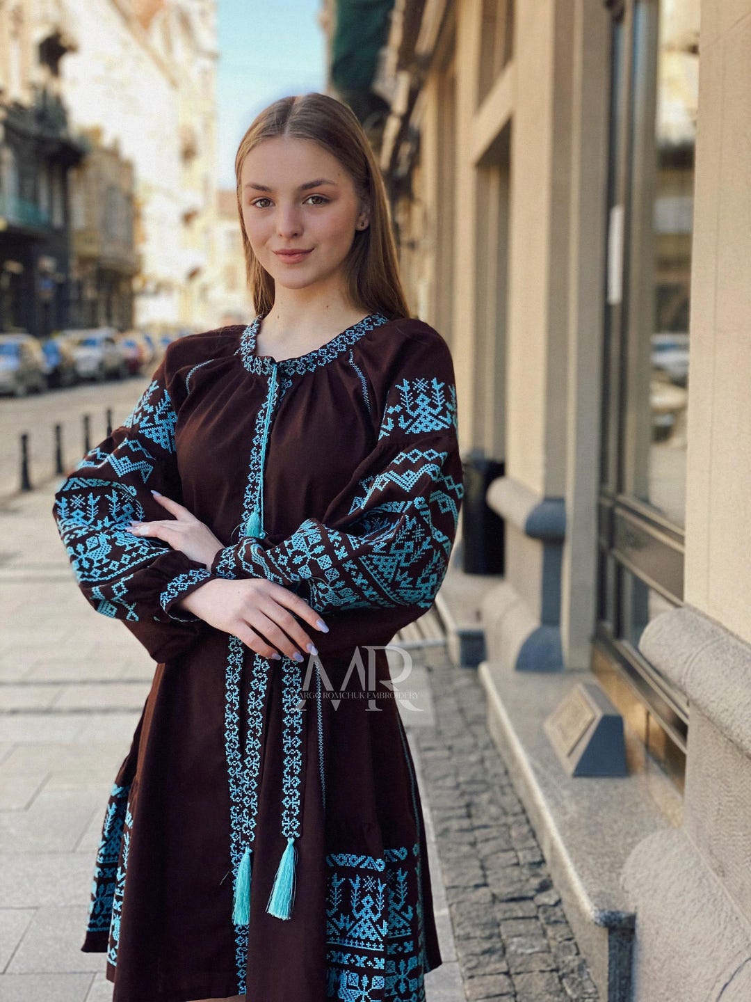BROWN EMBROIDERED LINEN DRESS main image 1