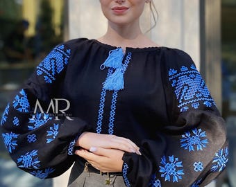 Linen Embroidered Blouse, Ukrainian Traditional Vyshyvanka, Dark Blue Women's Blouse, Bohemian Style Ethnic Vyshyvanka Shirt