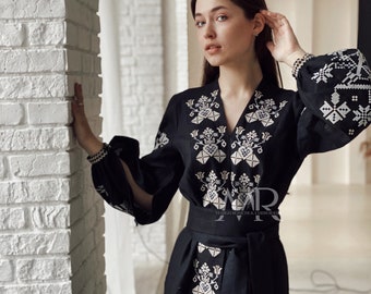 Beautiful embroidered vyshyvanka dress Black linen ethnic party maxi dress Embroidered evening gown