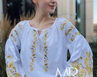 White satin stitch embroidered blouse Golden embroidery Holiday shirt with puff sleeves