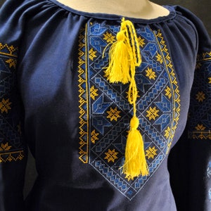 Embroidered dark blue blouse Ornament on embroidery Homespun cloth shirt for women Ukrainian vyshyvanka Ukrainian style Ethnic image 6