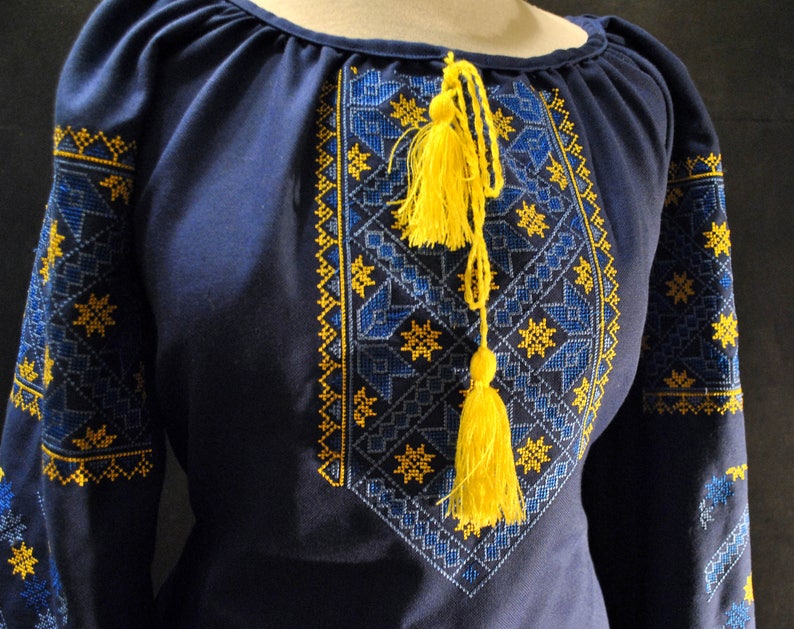 Embroidered dark blue blouse Ornament on embroidery Homespun cloth shirt for women Ukrainian vyshyvanka Ukrainian style Ethnic image 6