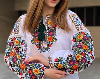 White Embroidered Floral Blouse, Unique Ukrainian Vyshyvanka Shirt with Folk Embroidery, Ethnic Flower Ornament Shirt for Women