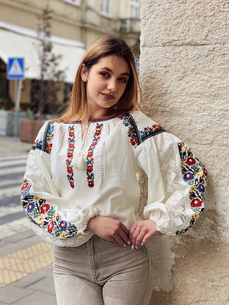 White floral blouse Ukrainian embroidered shirt with flowers Vyshyvanka top with traditional flower embroidery image 1