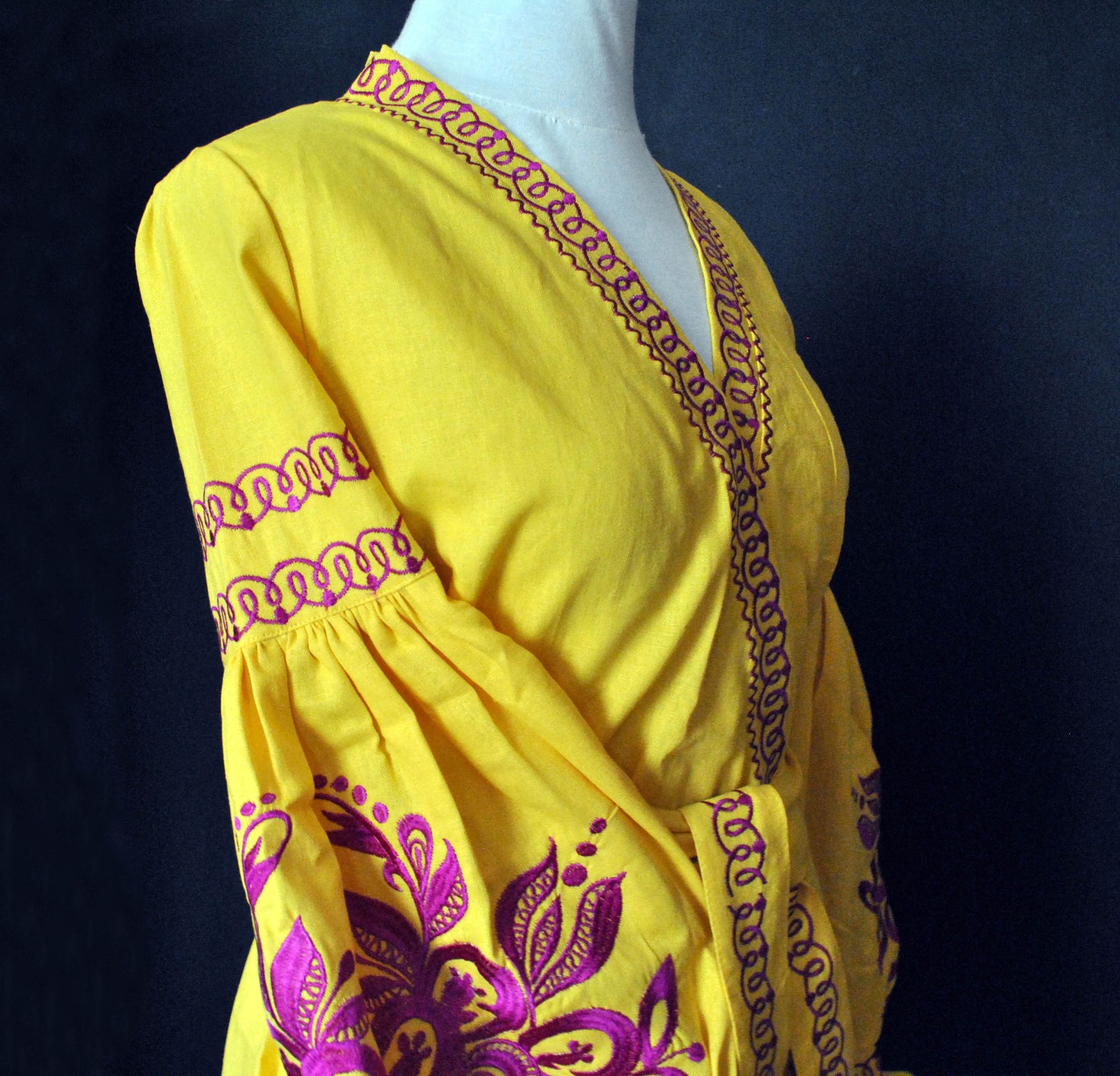 Bright Yellow Boho Women Dress Linen Dress Pink Pattern | Etsy