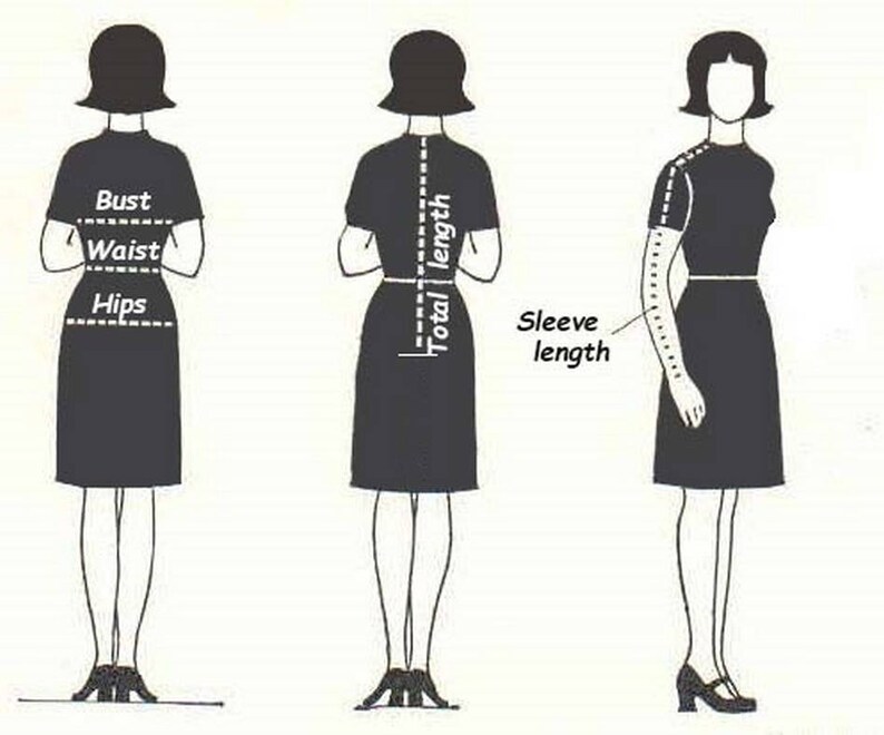 May include: Diagram showing how to measure bust, waist, hips, total length, and sleeve length on a dress.