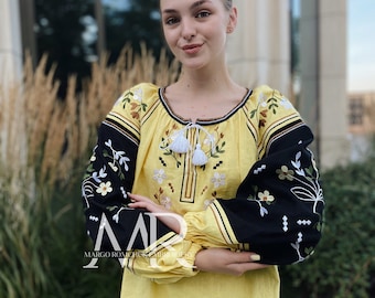 Satin stitch natural linen flower vyshyvanka blouse Ukrainian folk outfit Yellow and black embroidered shirt