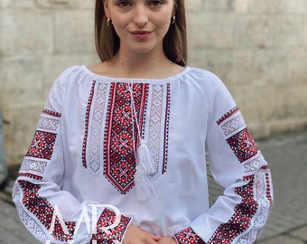 White and red blouse Ukrainian embroidered shirt with flowers Vyshyvanka top with geometric ornament