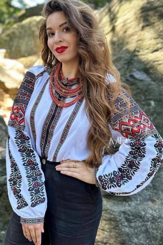 White Vyshyvanka Shirt with Unique Traditional Embroidery, Festive Easter Ukrainian Blouse, Homespun Cloth Folk Shirt with Puffed Sleeves