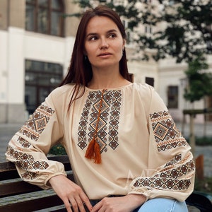 Traditional embroidery blouse with ornament Embroidery chiffon shirt for women Ukrainian ethnic vyshyvanka blouse image 9