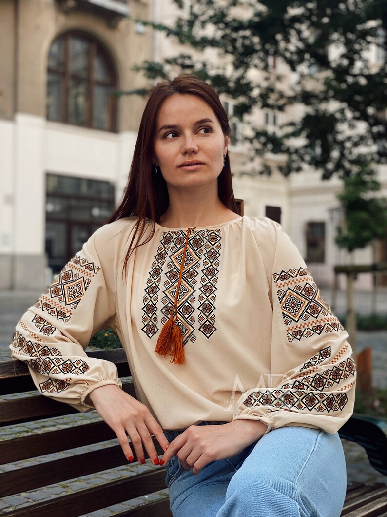 Traditional embroidery blouse with ornament Embroidery chiffon shirt for women Ukrainian ethnic vyshyvanka blouse image 9