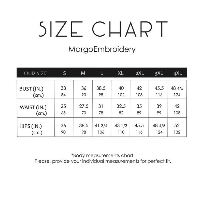 May include: Size chart for clothing with measurements in inches and centimeters. Bust, waist, and hip measurements are listed for sizes S through 4XL.